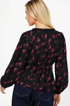 Petite Berry Ditsy Long Sleeve Lace Trim Button Front Tea Blouse