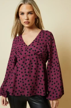 Petite Berry Spot Long Sleeve Button Front Tea Blouse
