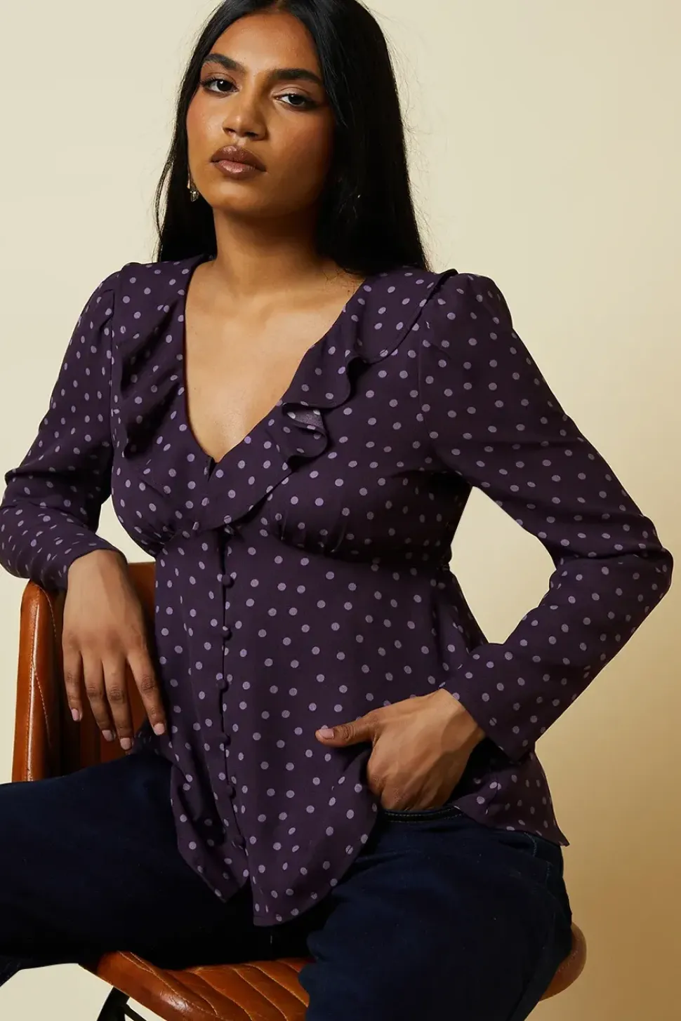 Petite Berry Spot Ruffle Neck Long Sleeve Button Front Tea Blouse