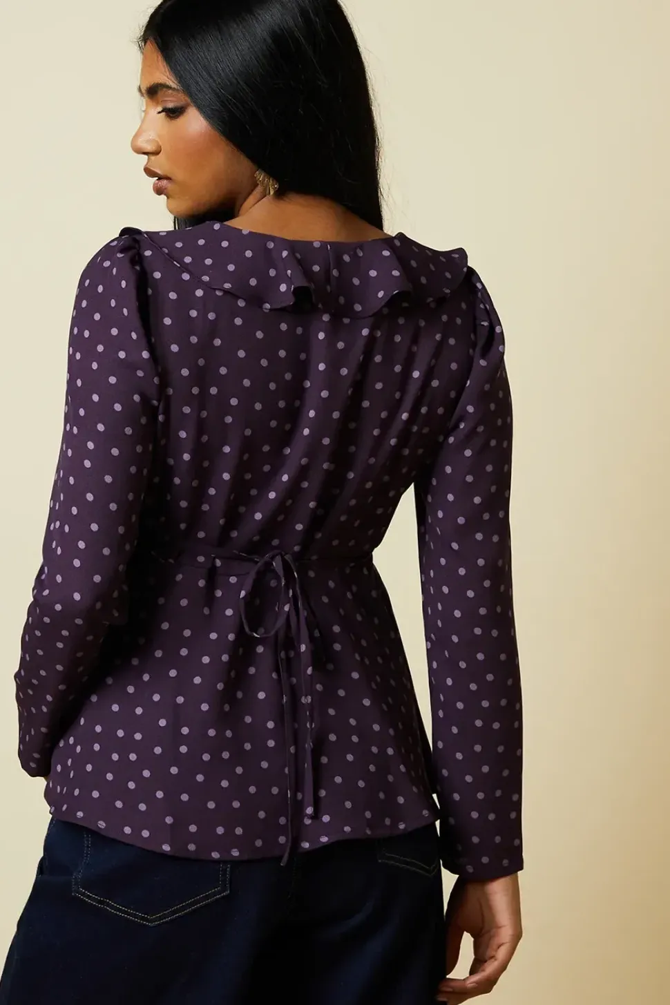 Petite Berry Spot Ruffle Neck Long Sleeve Button Front Tea Blouse