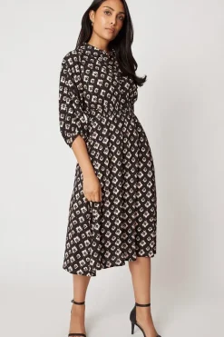Petite Black Abstract Shirred Waist Shirt Dress