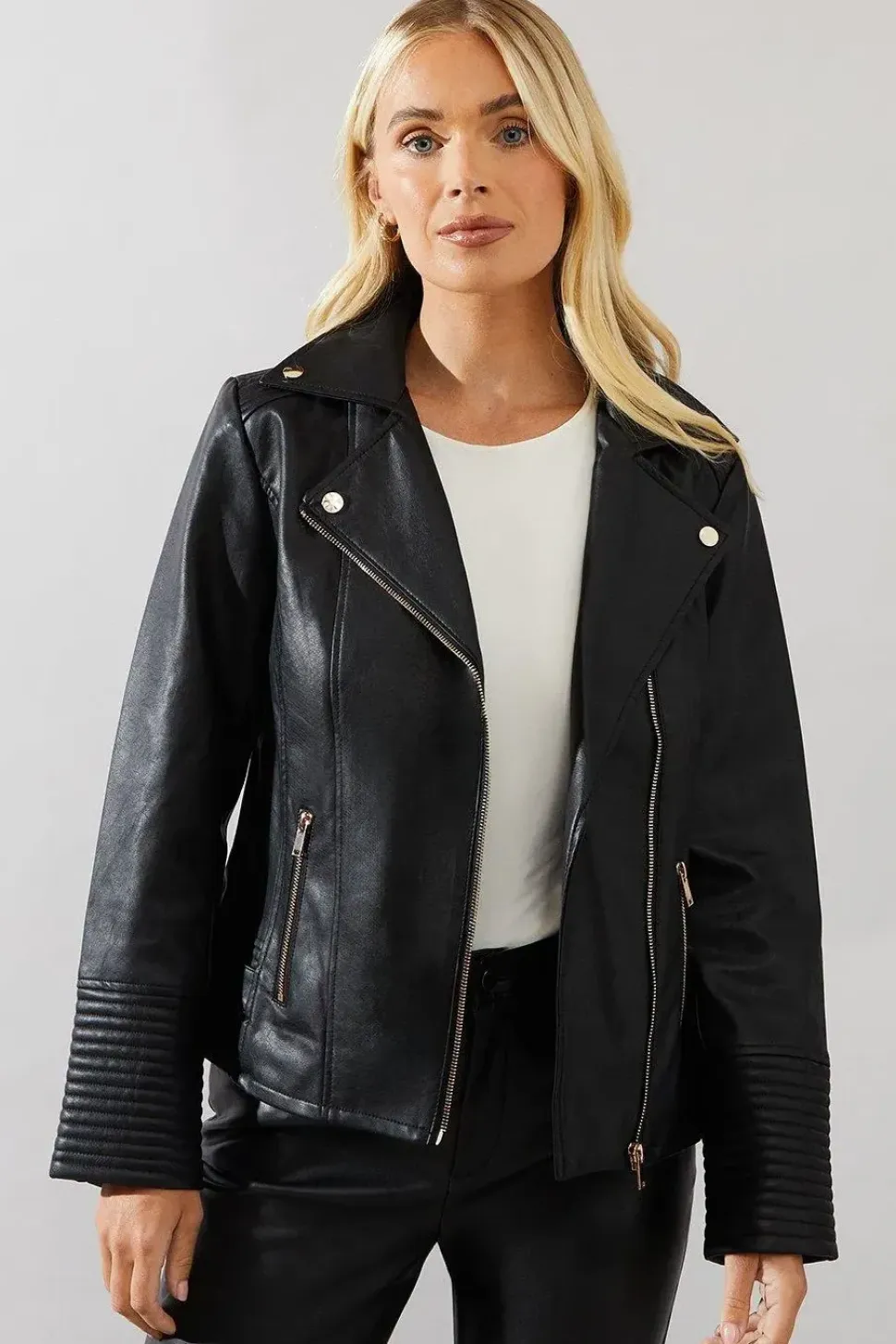 Petite Black Faux Leather Biker Jacket