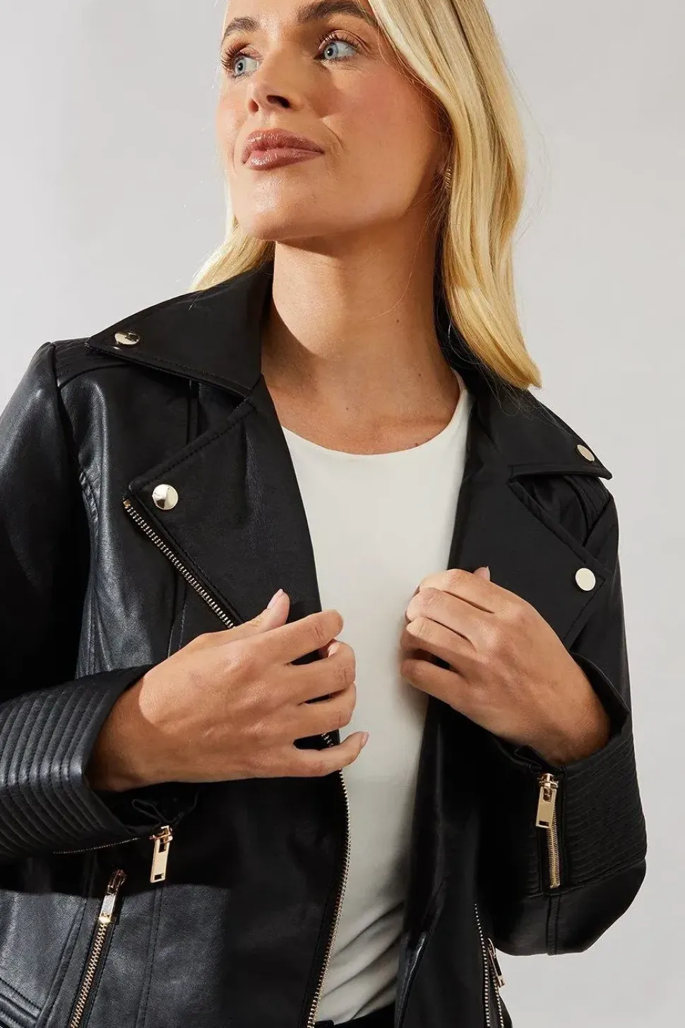 Petite Black Faux Leather Biker Jacket