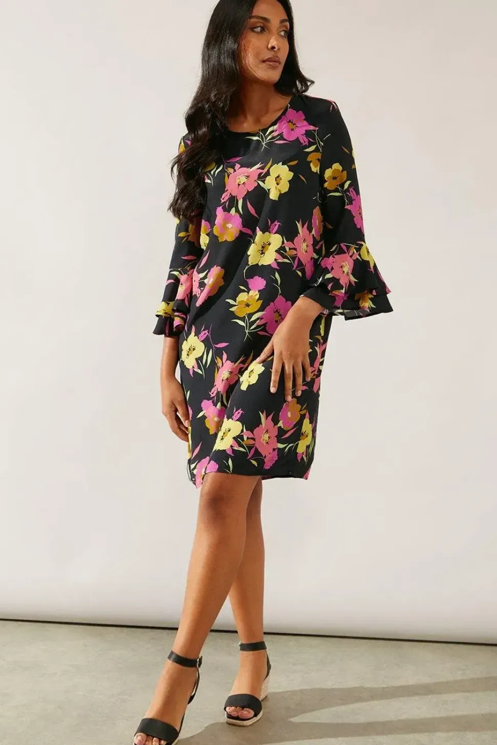 Petite Black Floral Flute Sleeve Shift Dress