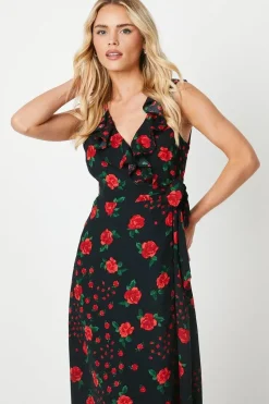 Petite Black Floral Frill Detail Neck Wrap Midi Dress