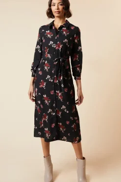 Petite Black Floral Long Sleeve Midi Shirt Dress
