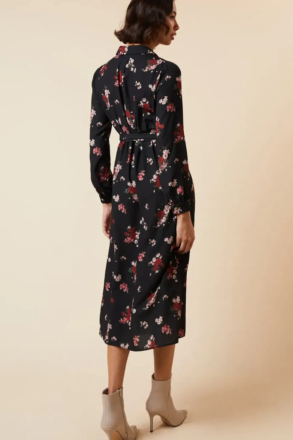 Petite Black Floral Long Sleeve Midi Shirt Dress