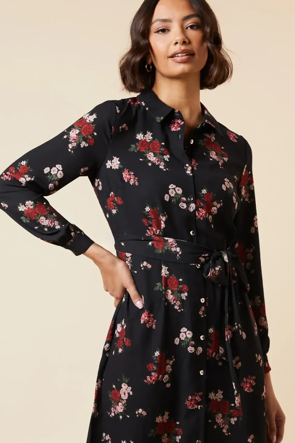 Petite Black Floral Long Sleeve Midi Shirt Dress