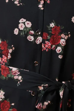 Petite Black Floral Long Sleeve Midi Shirt Dress