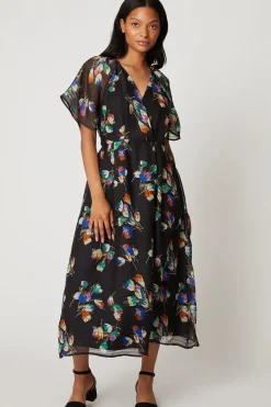 Petite Black Floral Wrap Woven Midi Dress