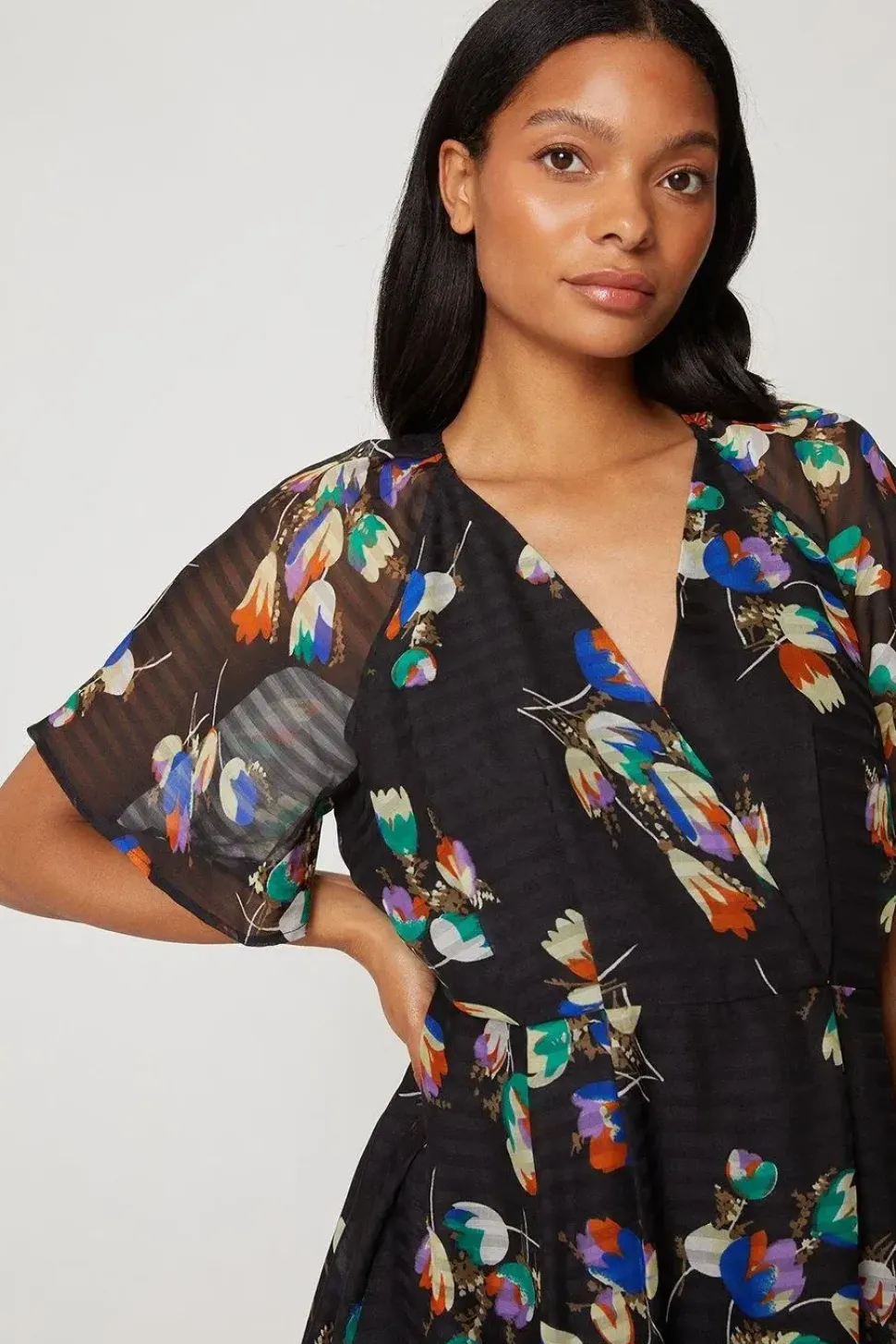 Petite Black Floral Wrap Woven Midi Dress