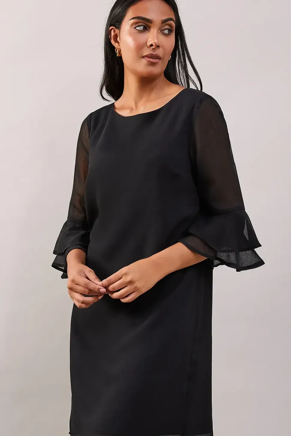 Petite Black Flute Sleeve Shift Dress