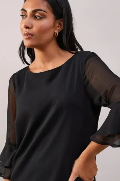 Petite Black Flute Sleeve Shift Dress