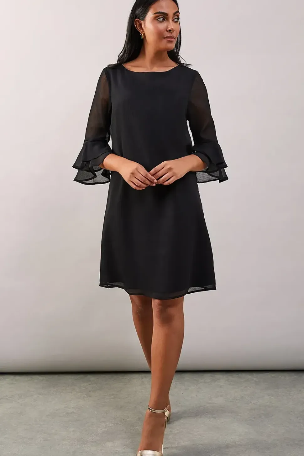 Petite Black Flute Sleeve Shift Dress