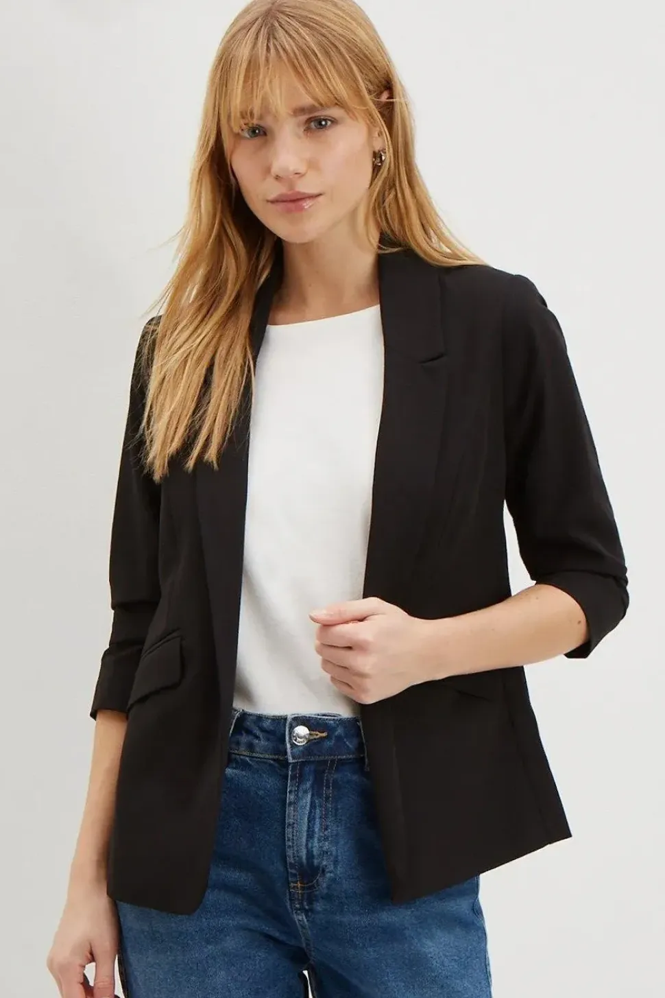 Petite Black Ruched Sleeve Blazer
