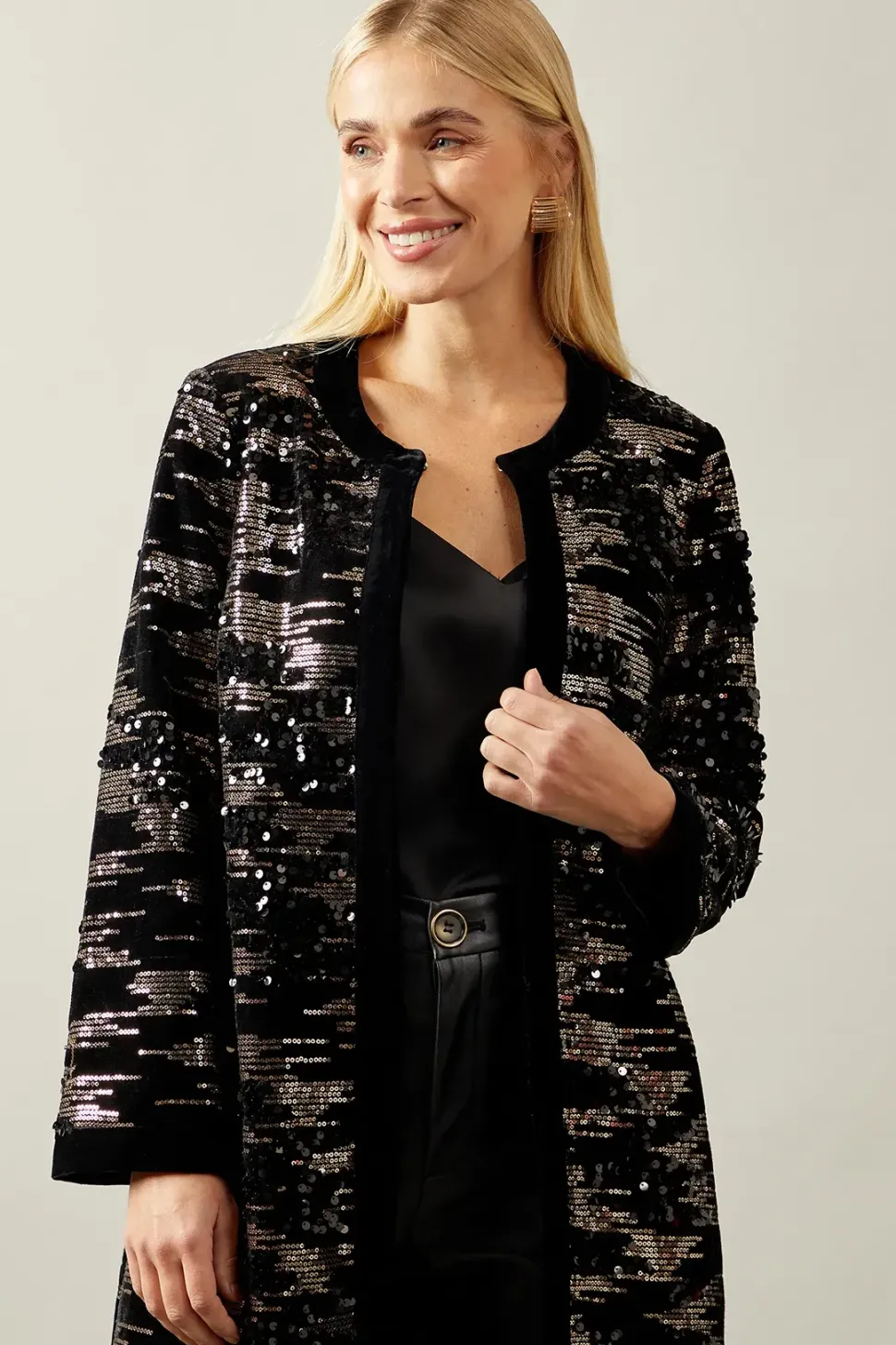 Petite Black Sequin Longline Jacket