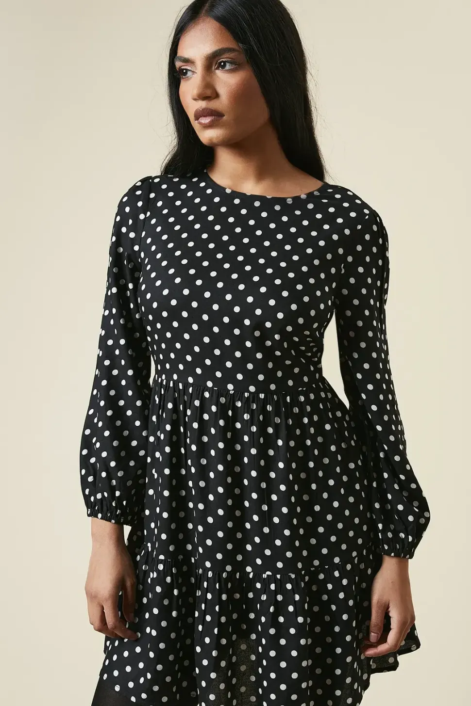 Petite Black Spot Tiered Hem Mini Dress