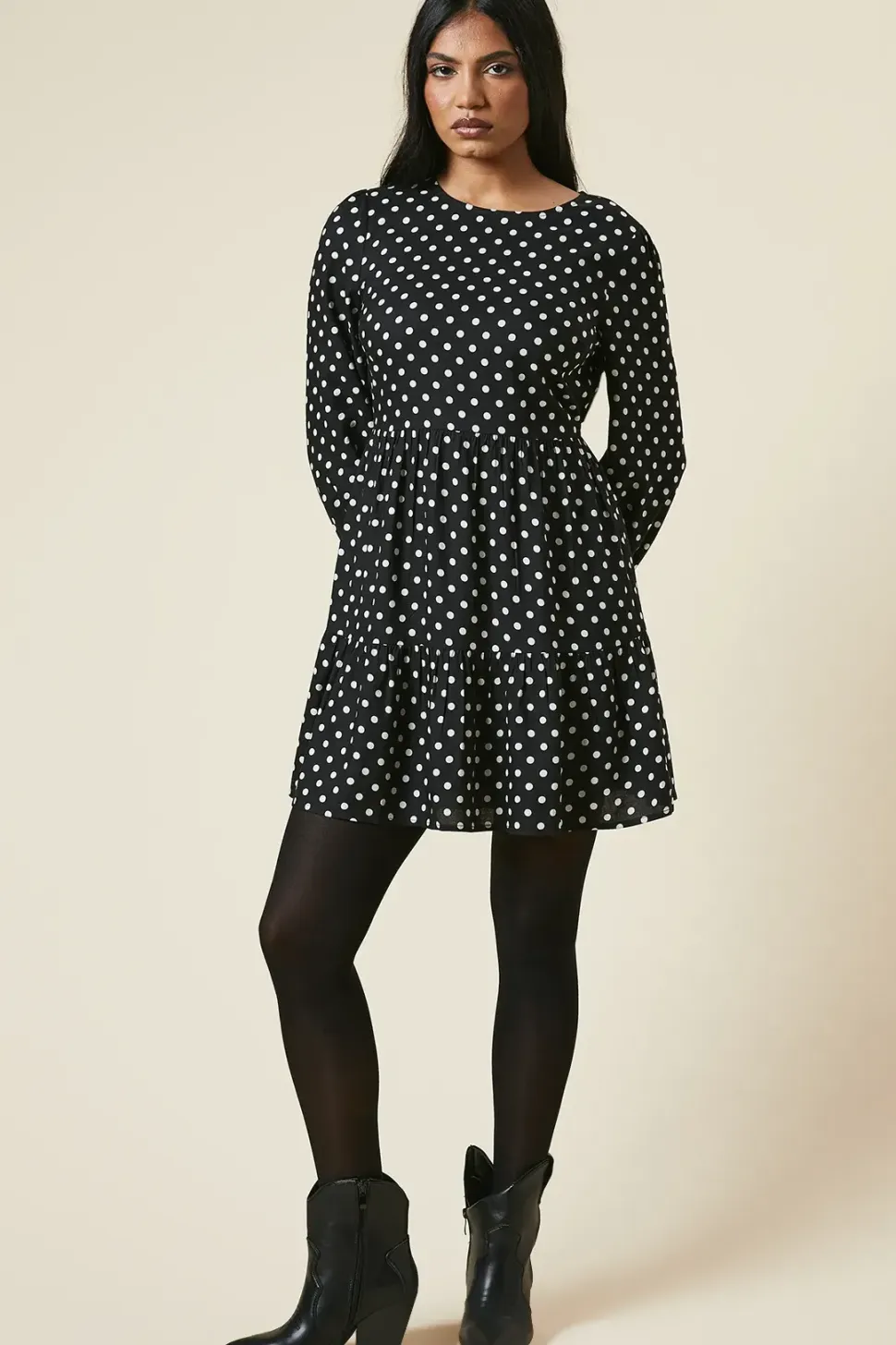 Petite Black Spot Tiered Hem Mini Dress