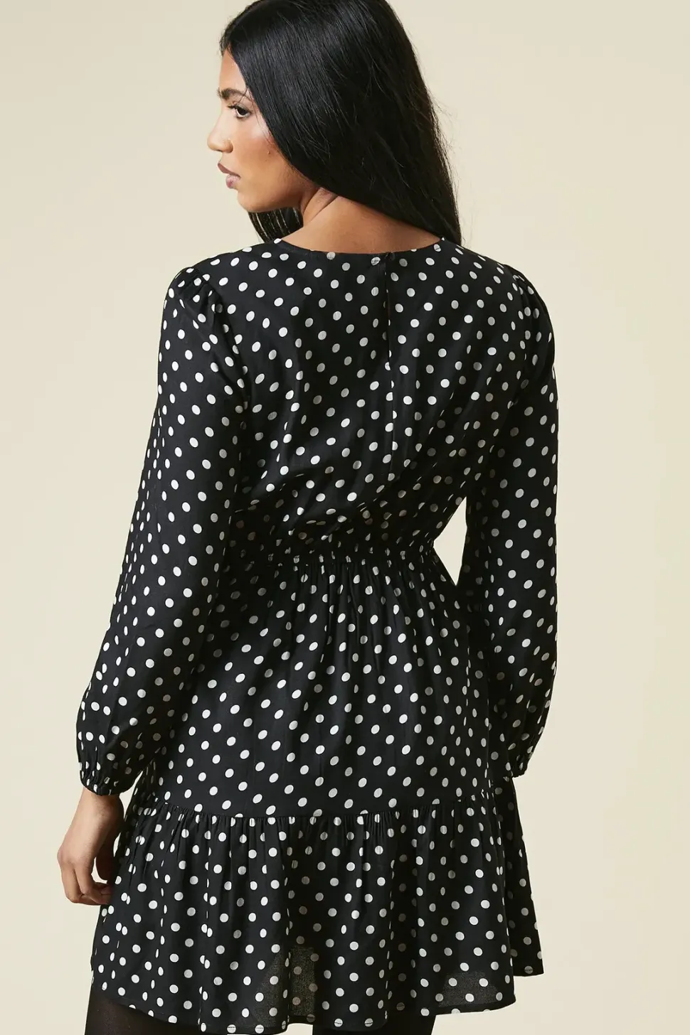 Petite Black Spot Tiered Hem Mini Dress