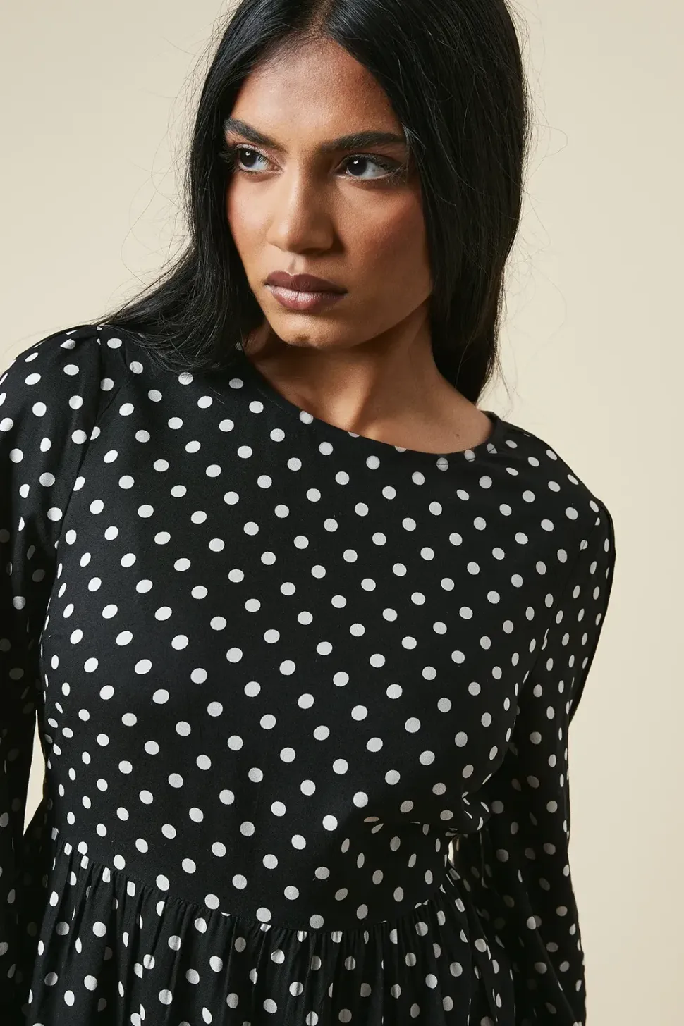 Petite Black Spot Tiered Hem Mini Dress