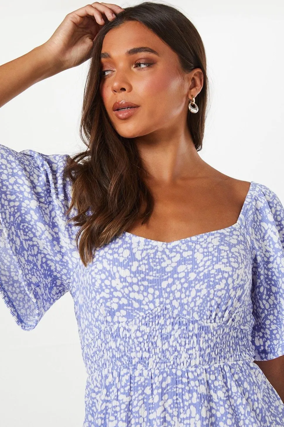 Petite Blue Abstract Shirred Waist Detail Mini Dress