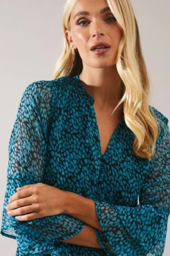 Petite Blue Abstract Shirred Waist Midi Dress