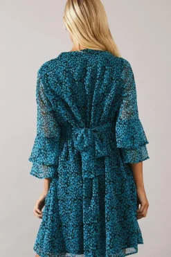 Petite Blue Abstract Shirred Waist Midi Dress