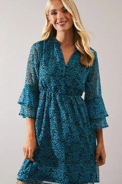 Petite Blue Abstract Shirred Waist Midi Dress
