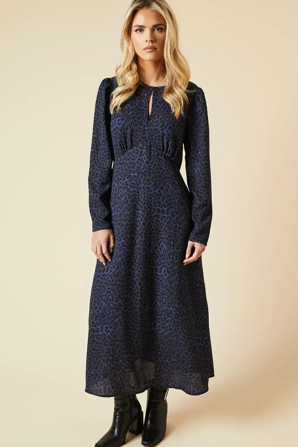 Petite Blue Animal Long Sleeve Keyhole Midi Dress