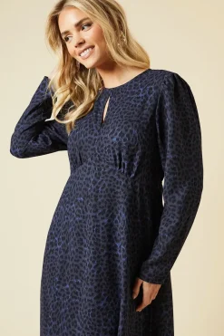 Petite Blue Animal Long Sleeve Keyhole Midi Dress