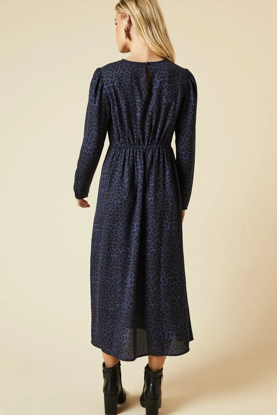 Petite Blue Animal Long Sleeve Keyhole Midi Dress