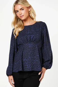 Petite Blue Animal Long Sleeve Tea Blouse