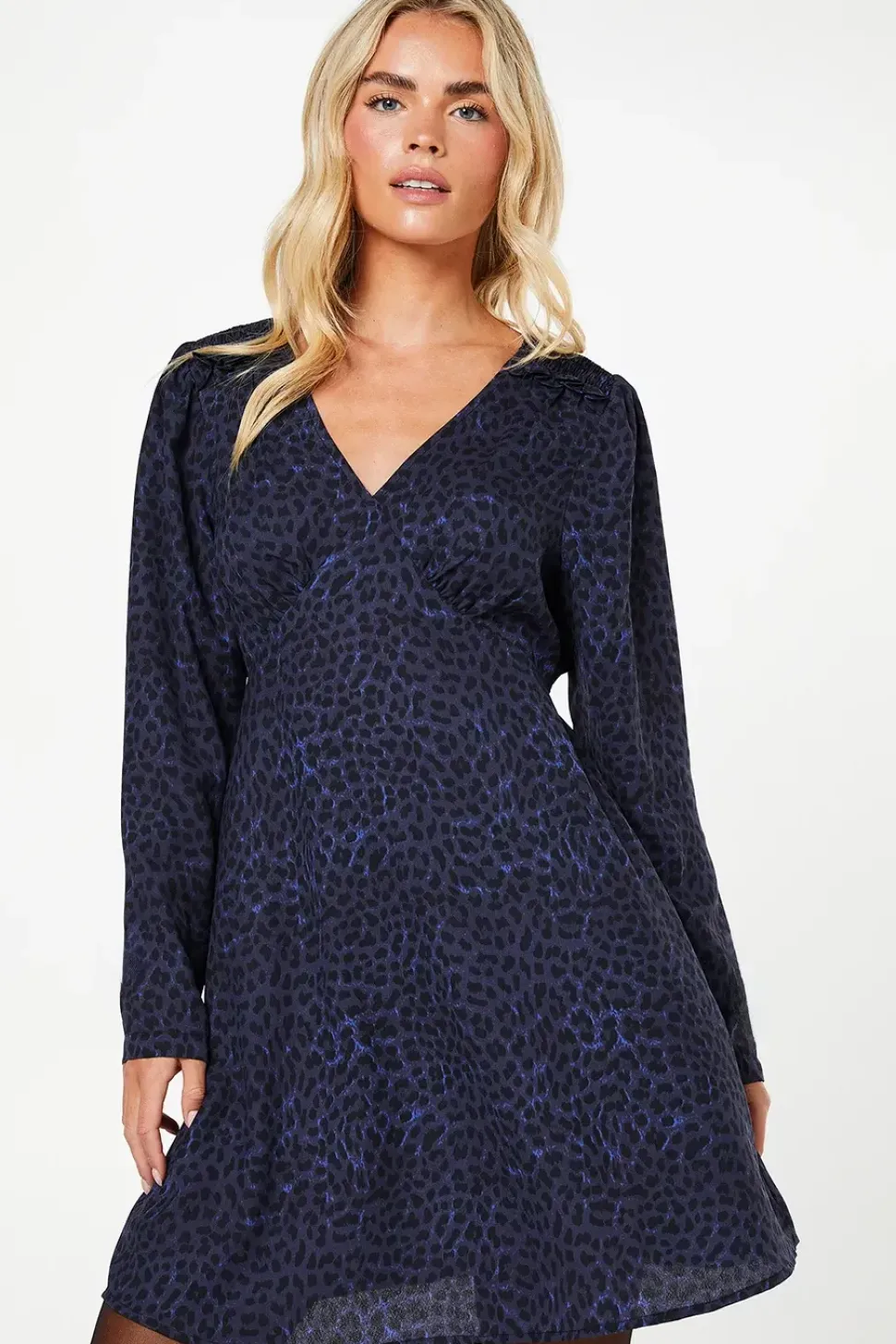 Petite Blue Animal Shirred Shoulder Empire Long Sleeve Mini Dress