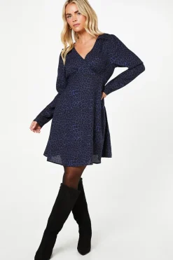 Petite Blue Animal Shirred Shoulder Empire Long Sleeve Mini Dress