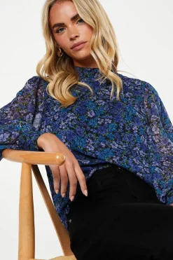 Petite Blue Ditsy Chiffon High Neck Long Sleeve Blouse