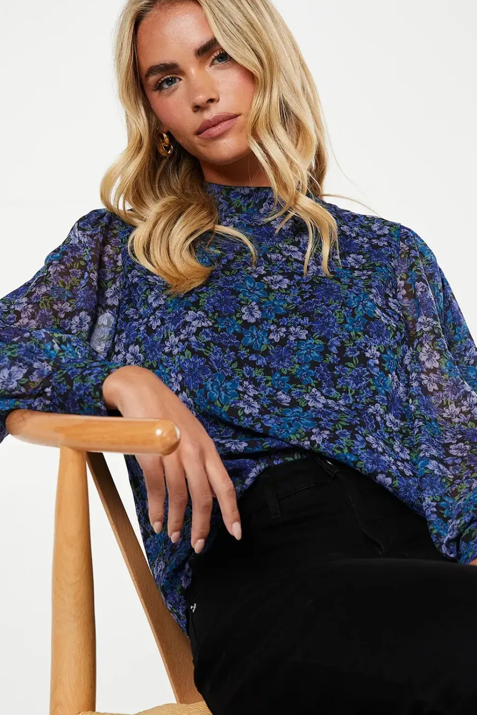 Petite Blue Ditsy Chiffon High Neck Long Sleeve Blouse