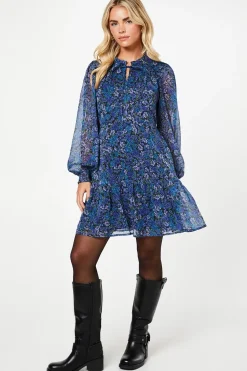 Petite Blue Ditsy Chiffon Ruffle Hem Long Sleeve Mini Dress