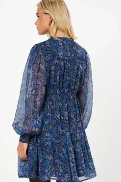 Petite Blue Ditsy Chiffon Ruffle Hem Long Sleeve Mini Dress