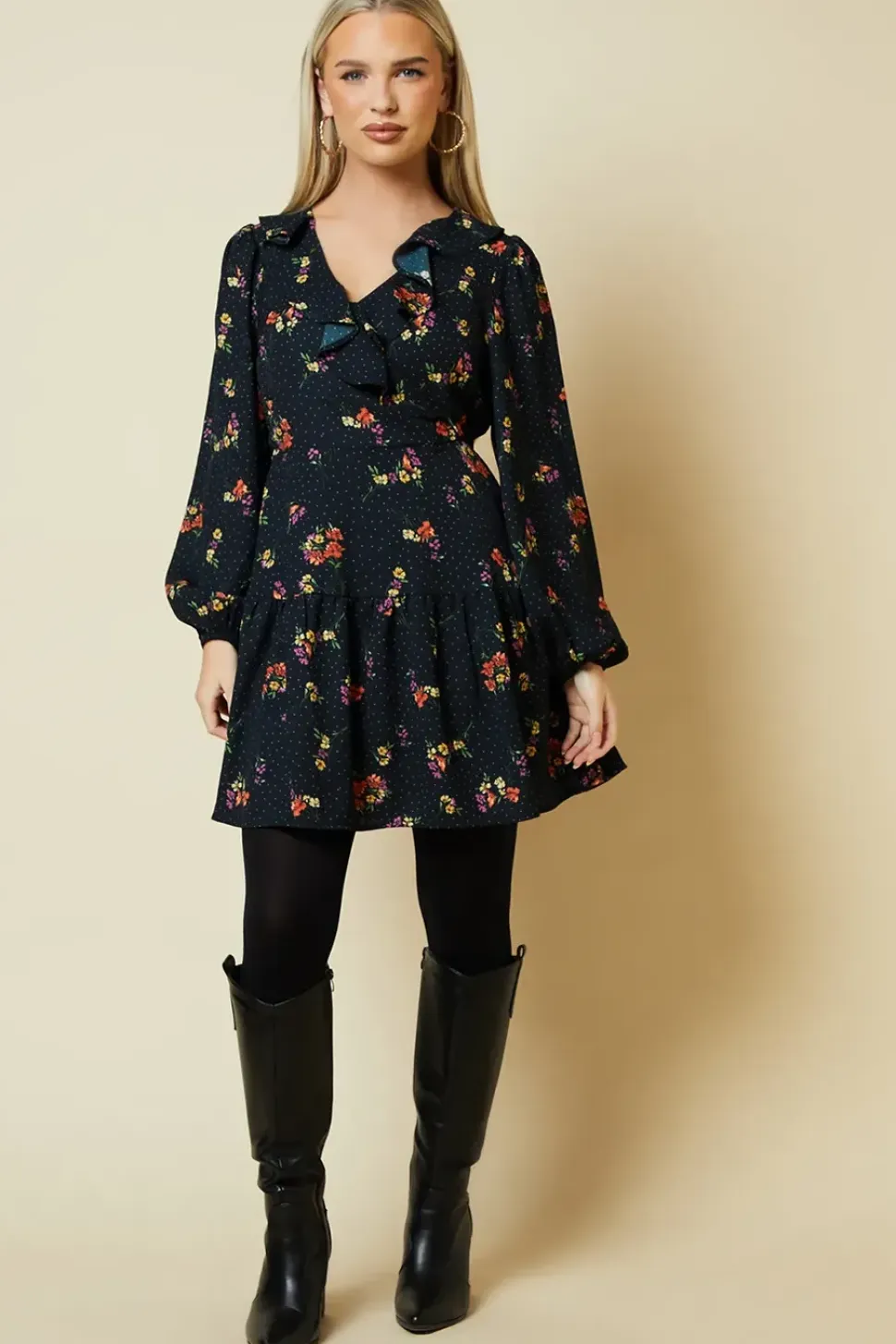 Petite Blue Ditsy Floral Tiered Hem Frill Wrap Mini Dress