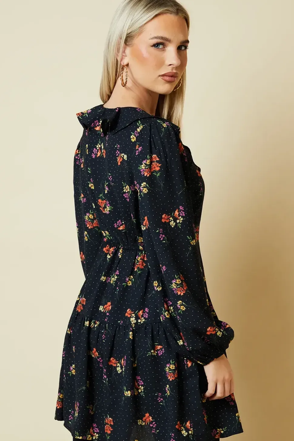 Petite Blue Ditsy Floral Tiered Hem Frill Wrap Mini Dress