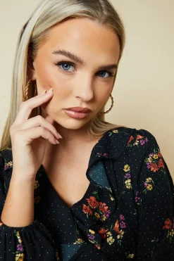 Petite Blue Ditsy Floral Tiered Hem Frill Wrap Mini Dress