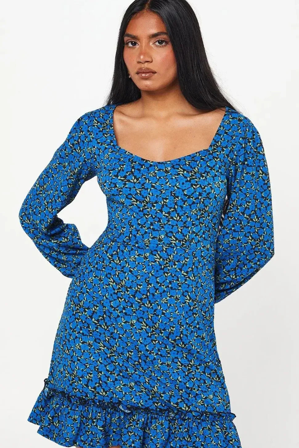 Petite Blue Ditsy Ruffle Hem Mini Dress