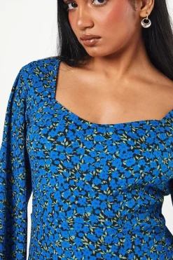 Petite Blue Ditsy Ruffle Hem Mini Dress