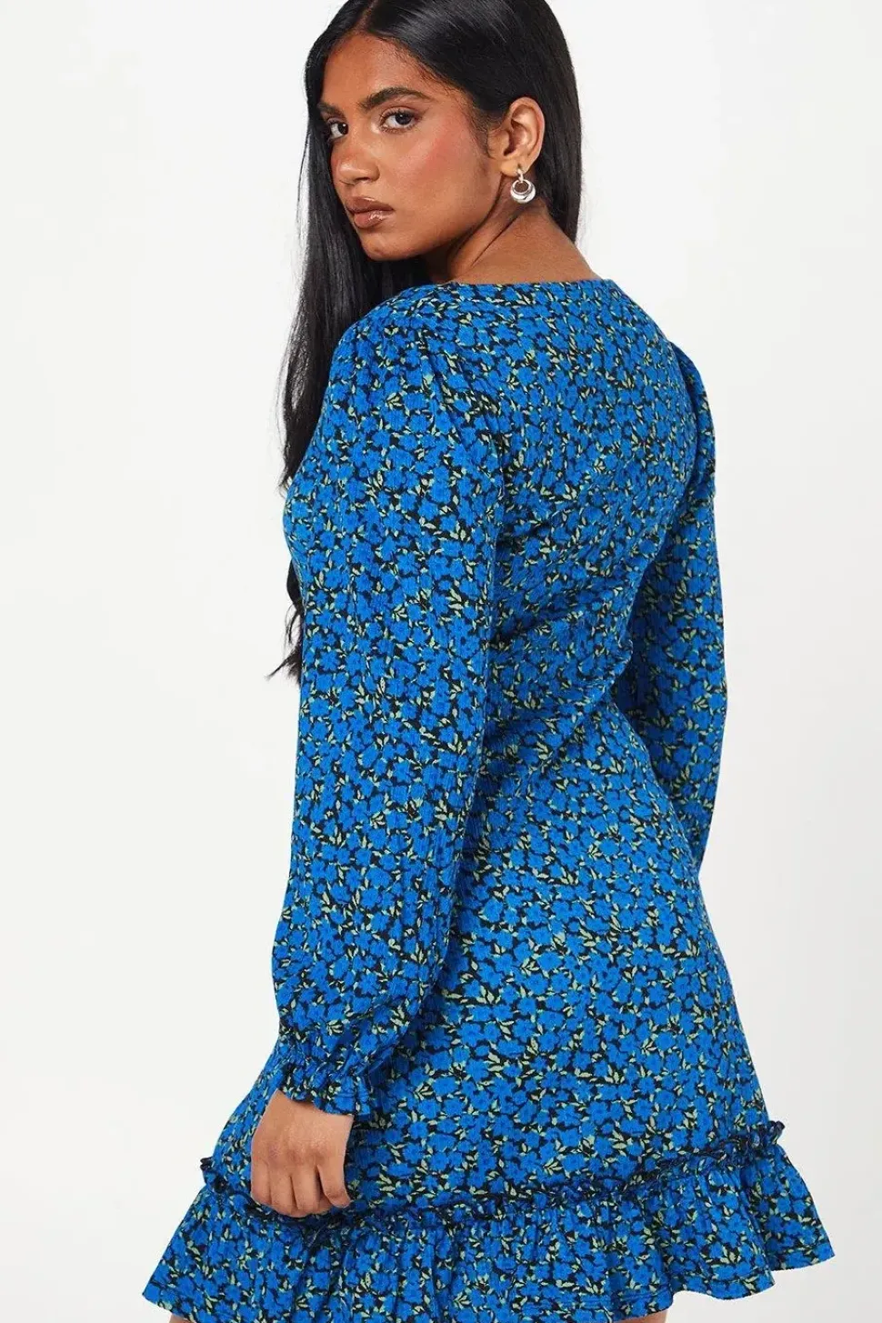 Petite Blue Ditsy Ruffle Hem Mini Dress