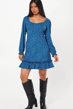 Petite Blue Ditsy Ruffle Hem Mini Dress