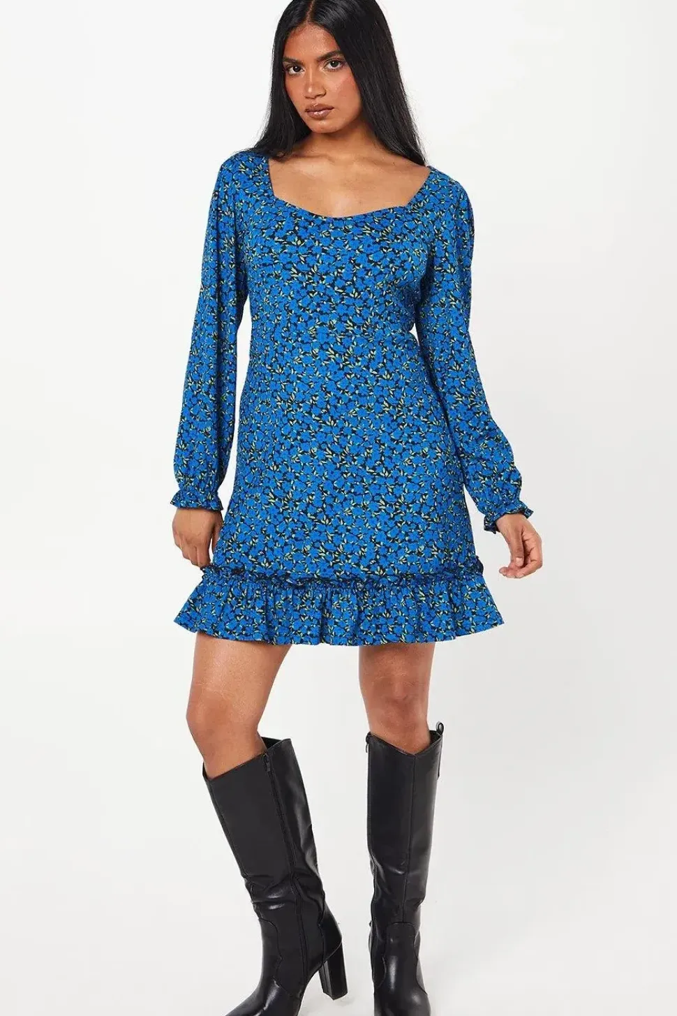 Petite Blue Ditsy Ruffle Hem Mini Dress