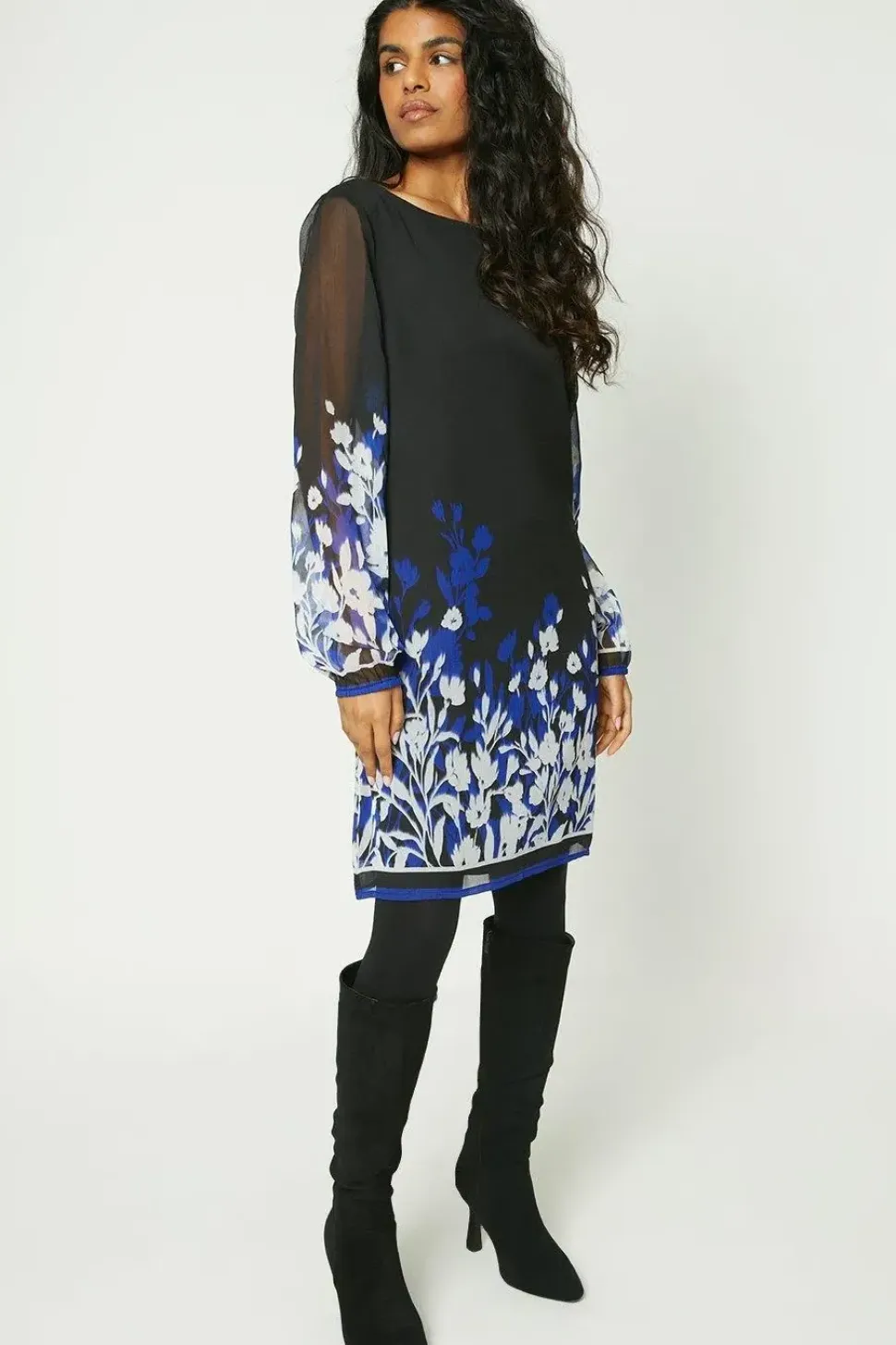 Petite Blue Floral Border Print Shift Dress