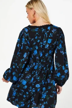 Petite Blue Floral Long Sleeve Lace Trim Button Front Mini Dress