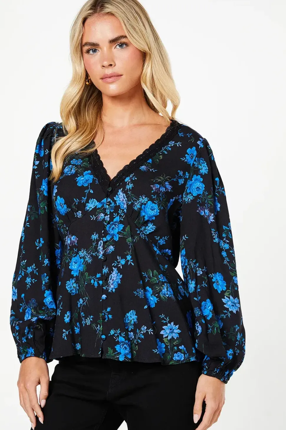 Petite Blue Floral Long Sleeve Lace Trim Button Front Tea Blouse
