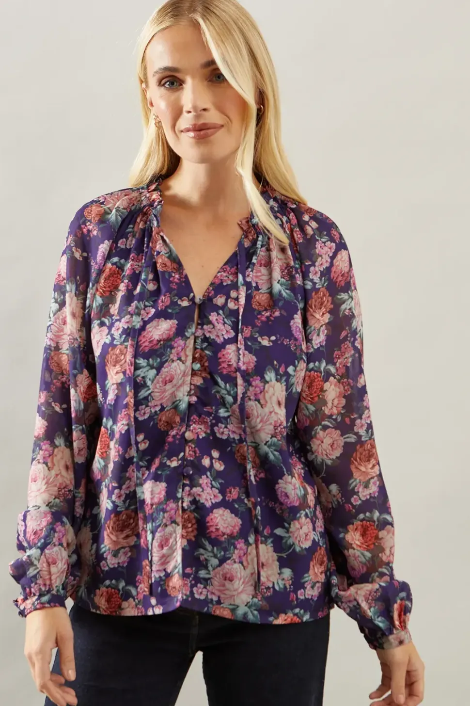 Petite Blue Floral Neck Detail Blouse